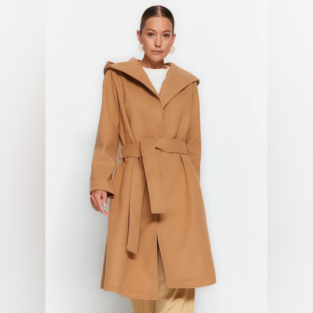Brave Soul Long Hooded Wrap Coat Camel Size Small